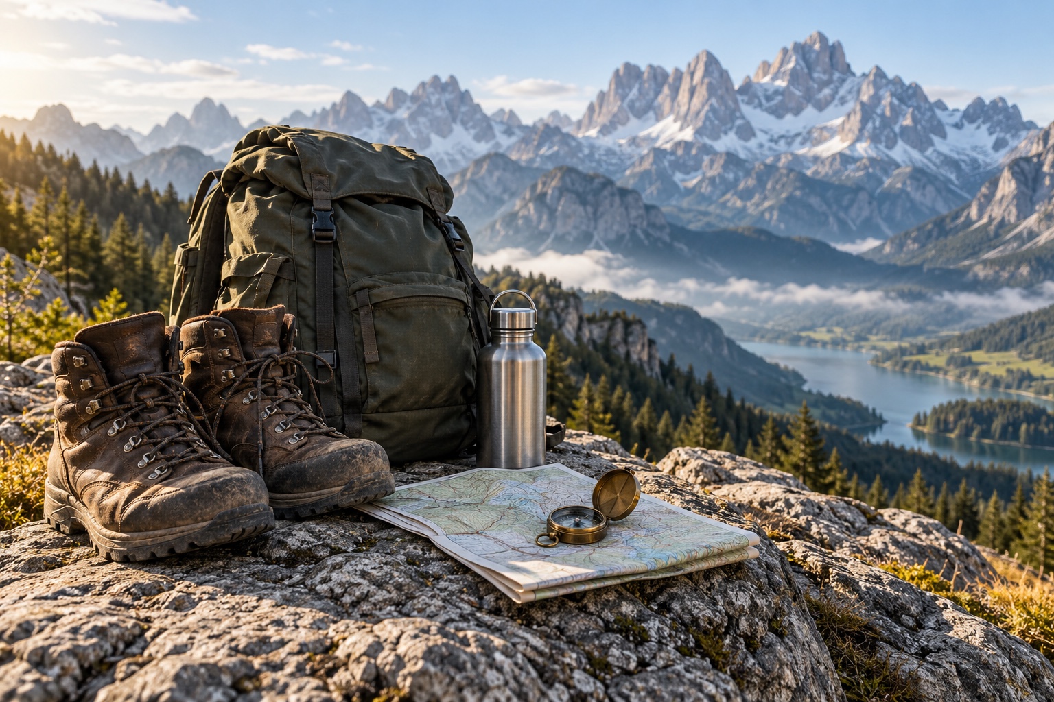 Hiking boots, backpack, map and water bottle on a mountain ledge